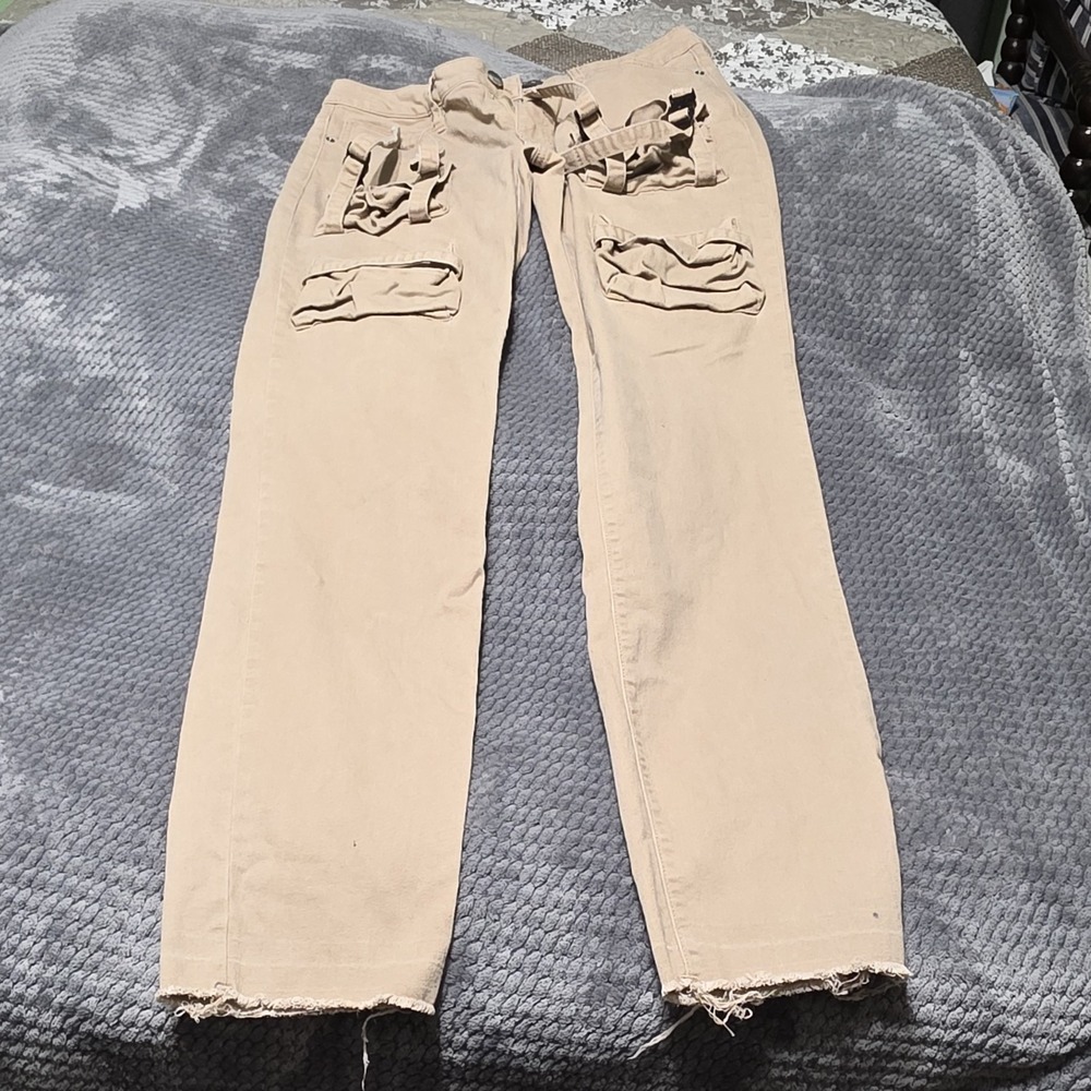 Nova Men Men's Beige Cargo Pants Cotton Button Zip Flat Front Straight Leg